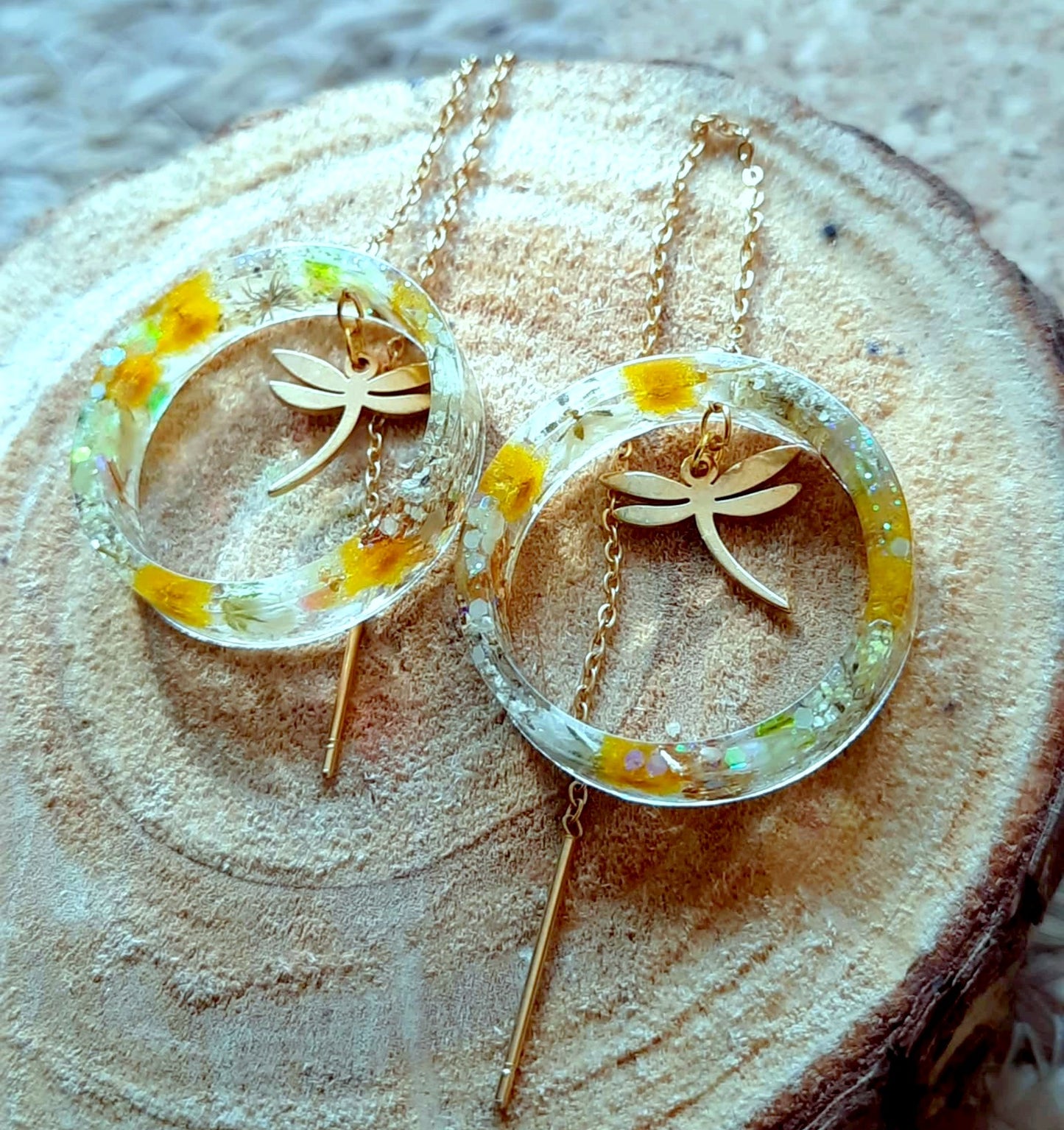 Boucles d'oreille, Mimosa, Gypsophiles