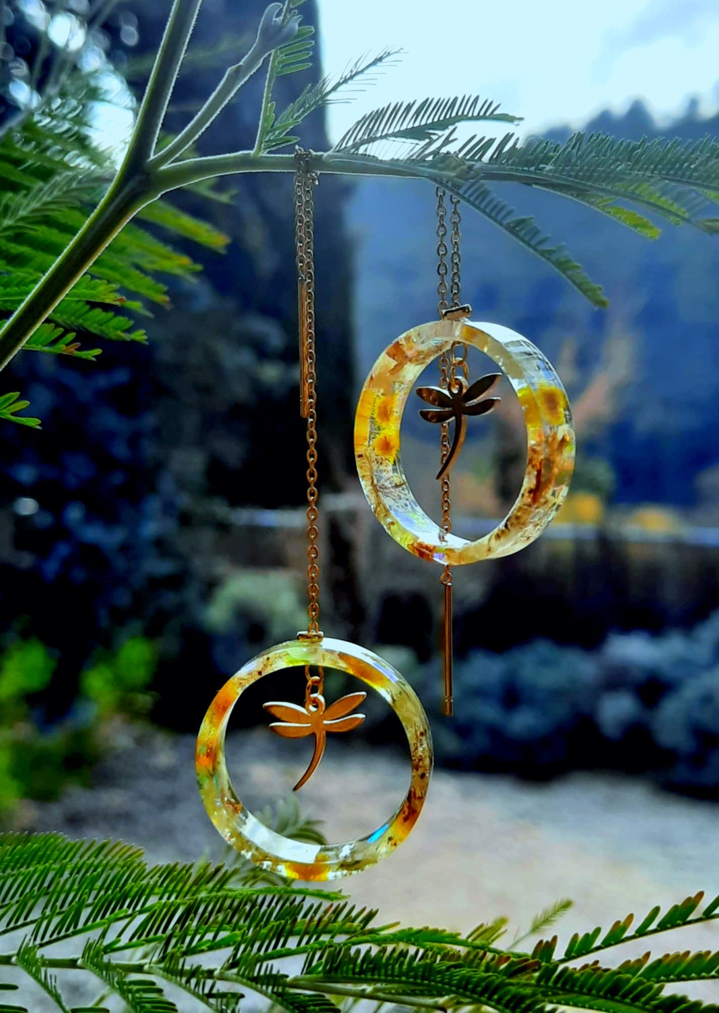 Boucles d'oreille, Mimosa, Gypsophiles