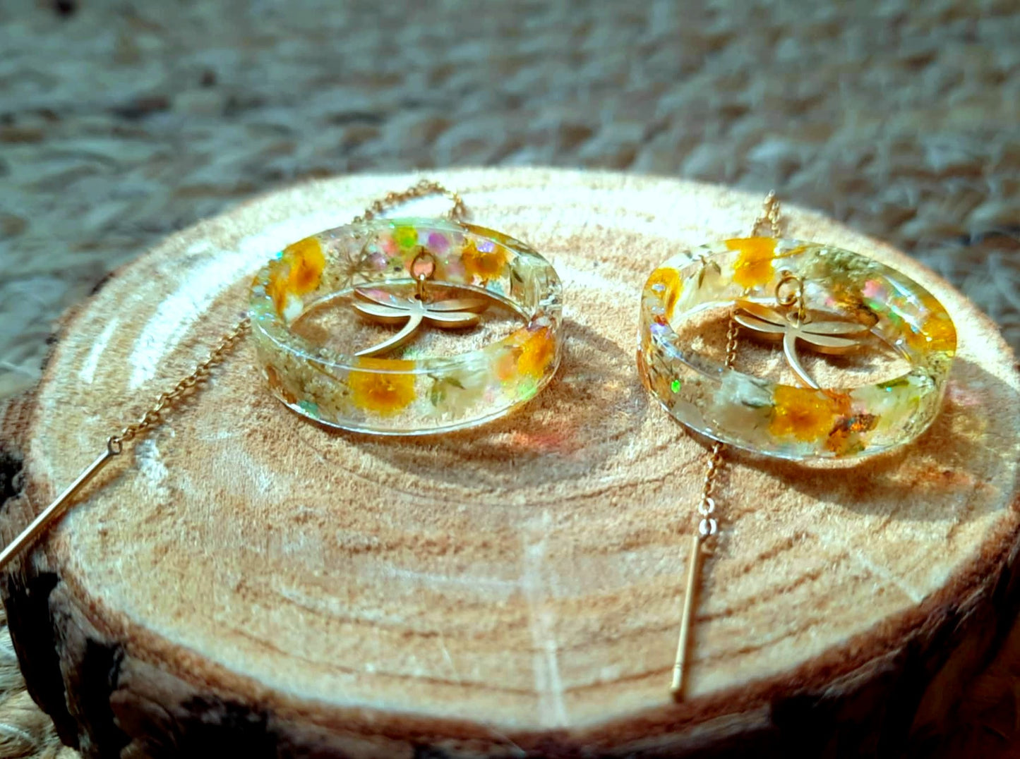 Boucles d'oreille, Mimosa, Gypsophiles