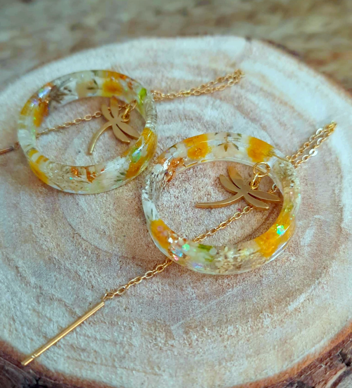 Boucles d'oreille, Mimosa, Gypsophiles