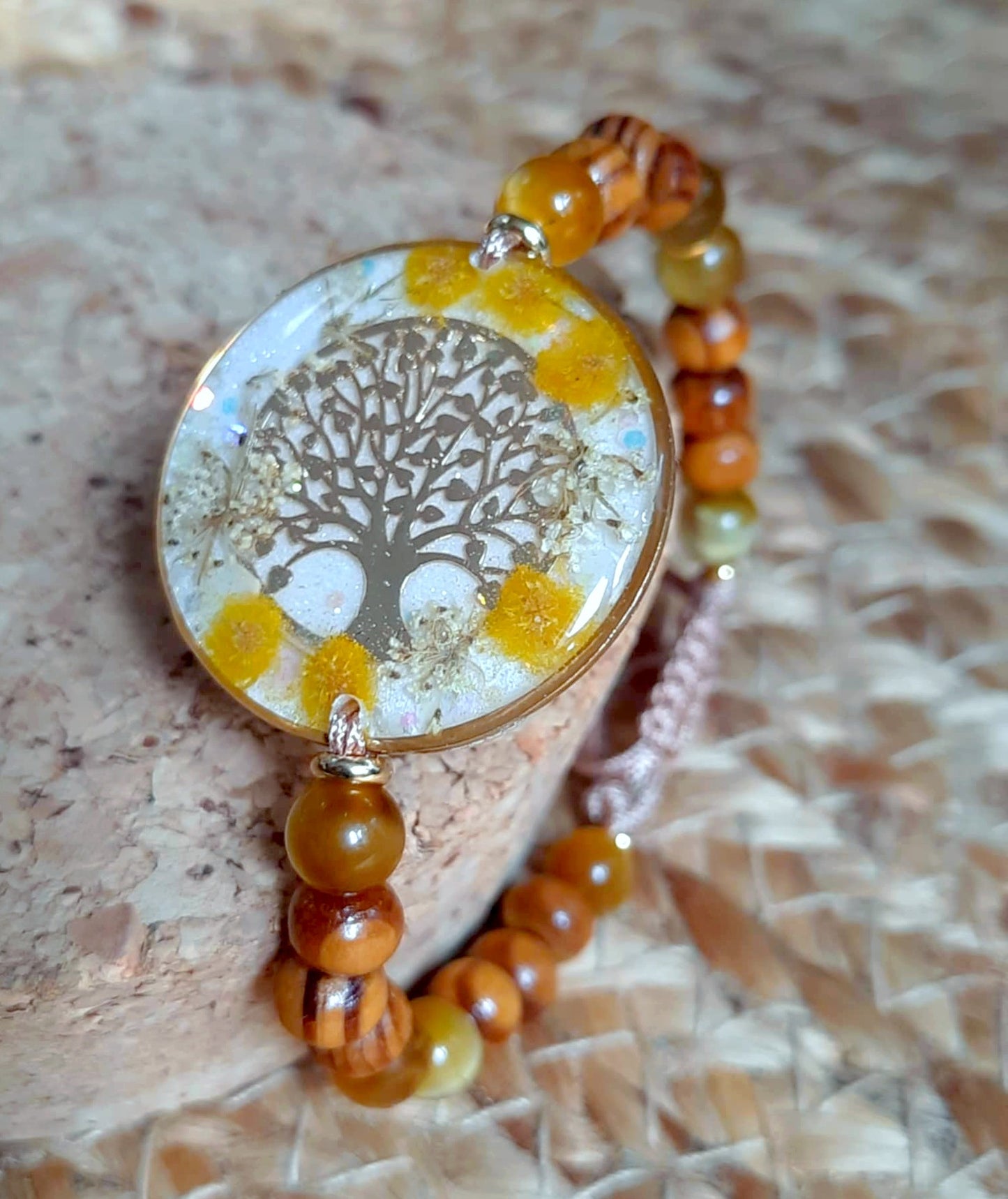 Bracelet , Fleur de carotte, Mimosa, Œil de tigre