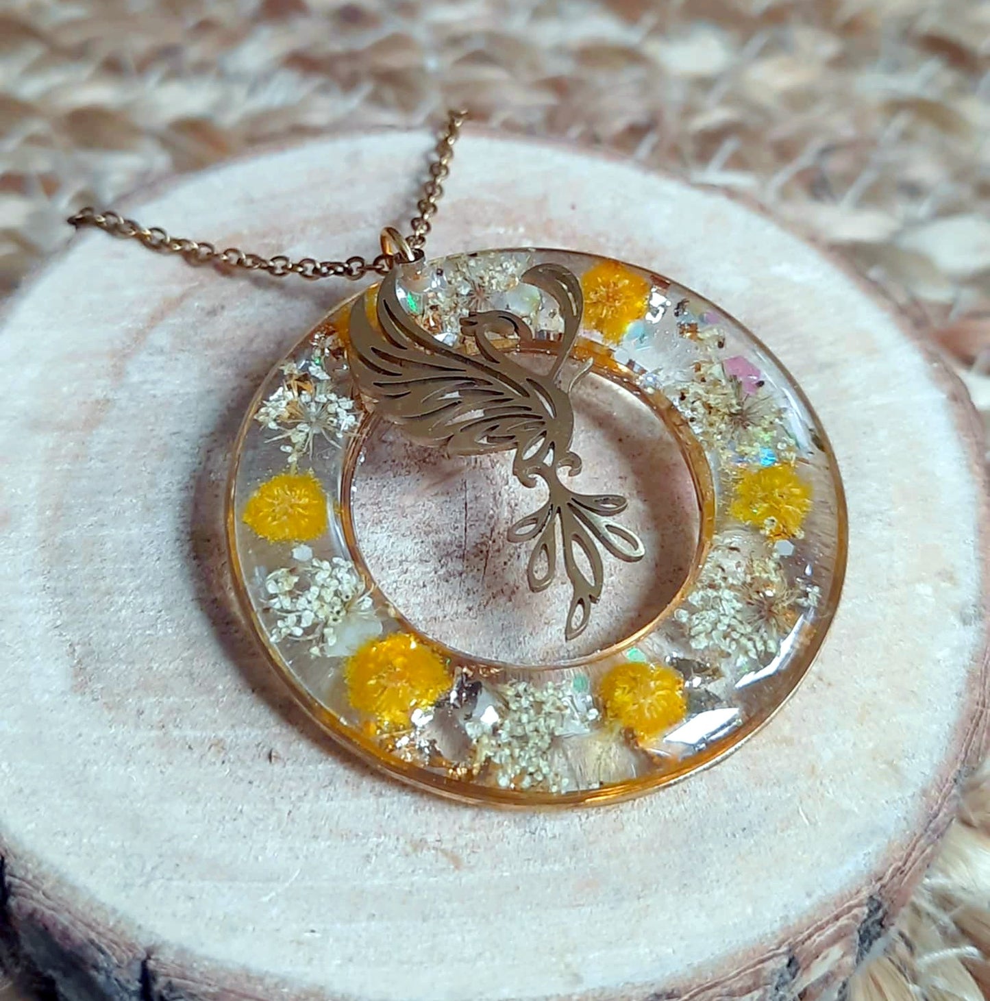 Collier, Phoenix, Fleur de carotte et mimosa