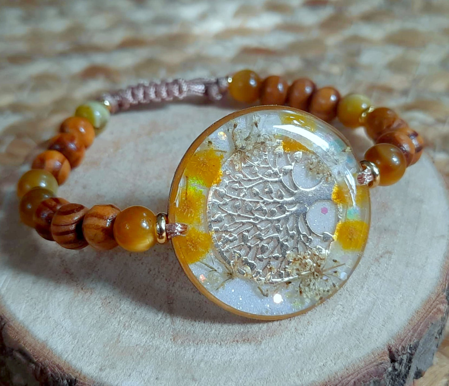 Bracelet , Fleur de carotte, Mimosa, Œil de tigre