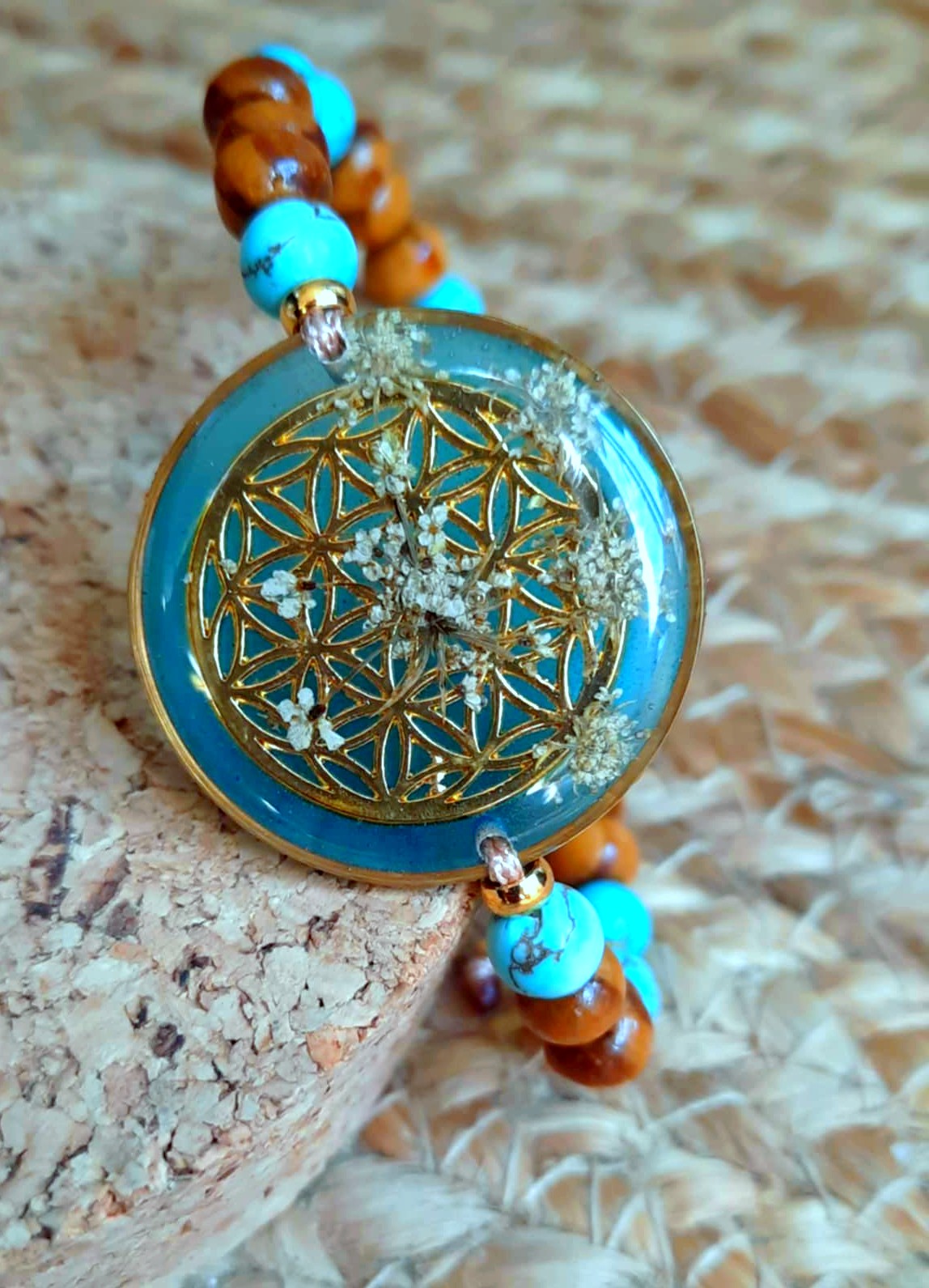 Bracelet, Fleur de vie, Fleur de carotte, Turquoise
