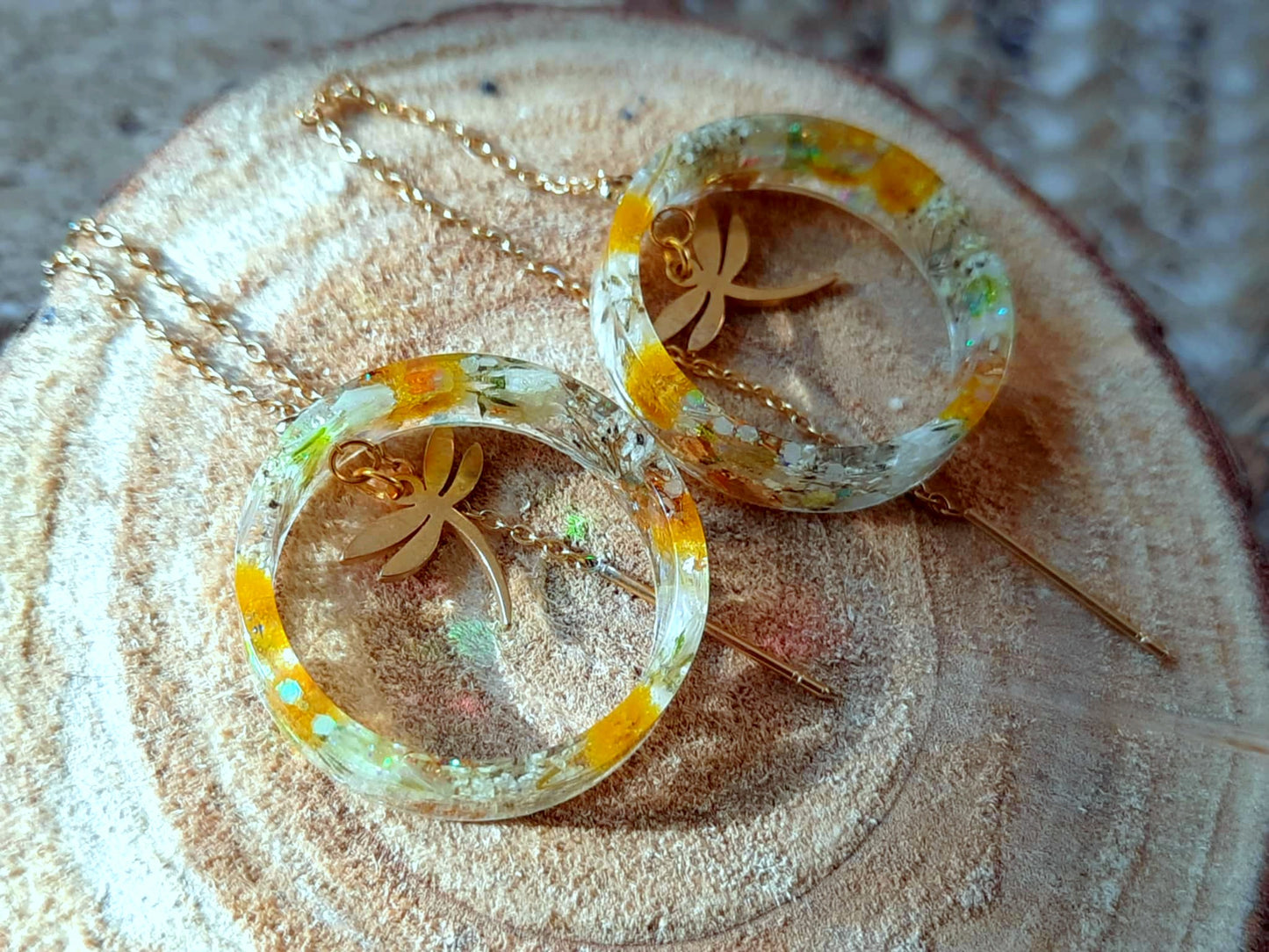 Boucles d'oreille, Mimosa, Gypsophiles