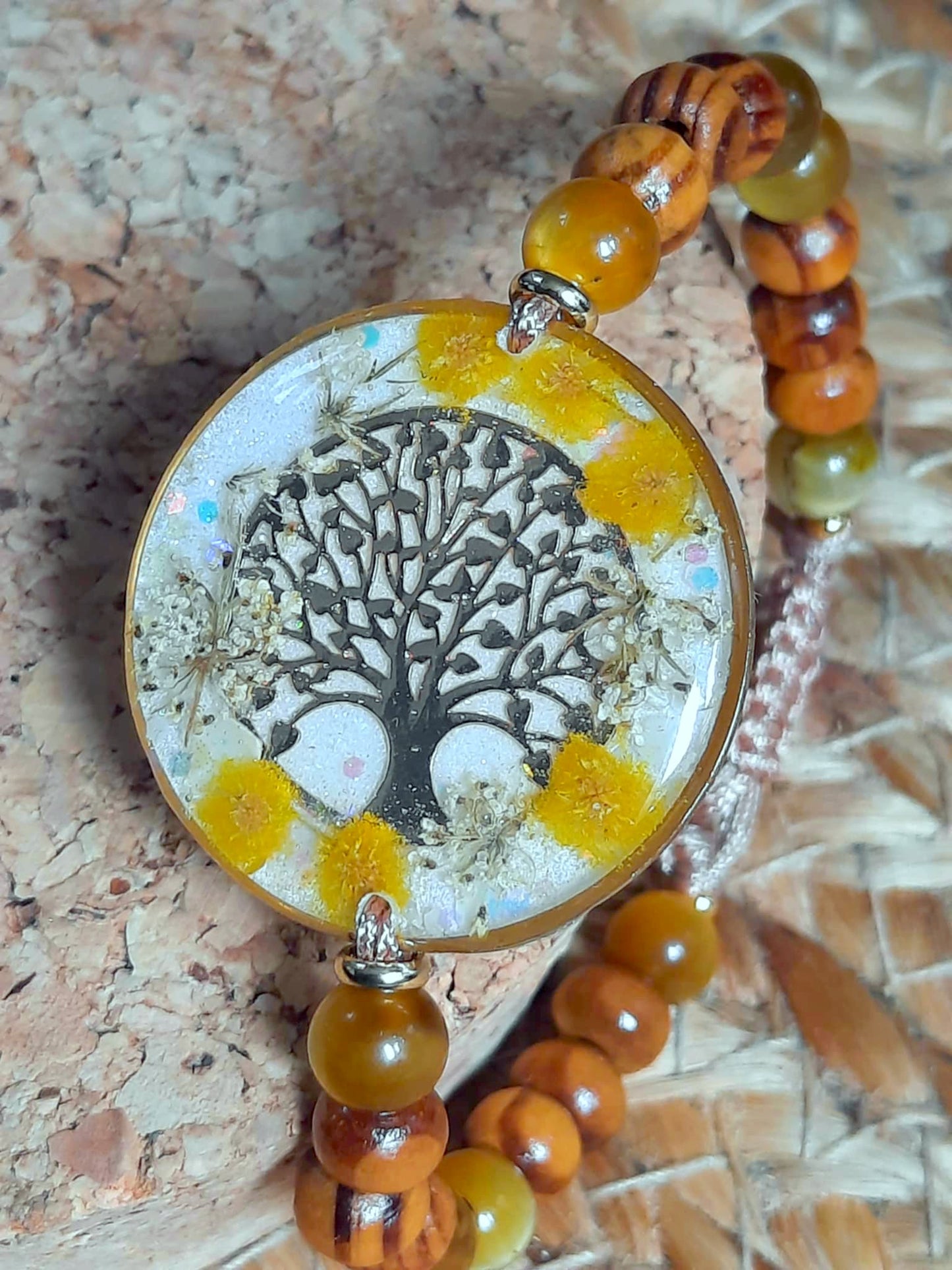 Bracelet , Fleur de carotte, Mimosa, Œil de tigre