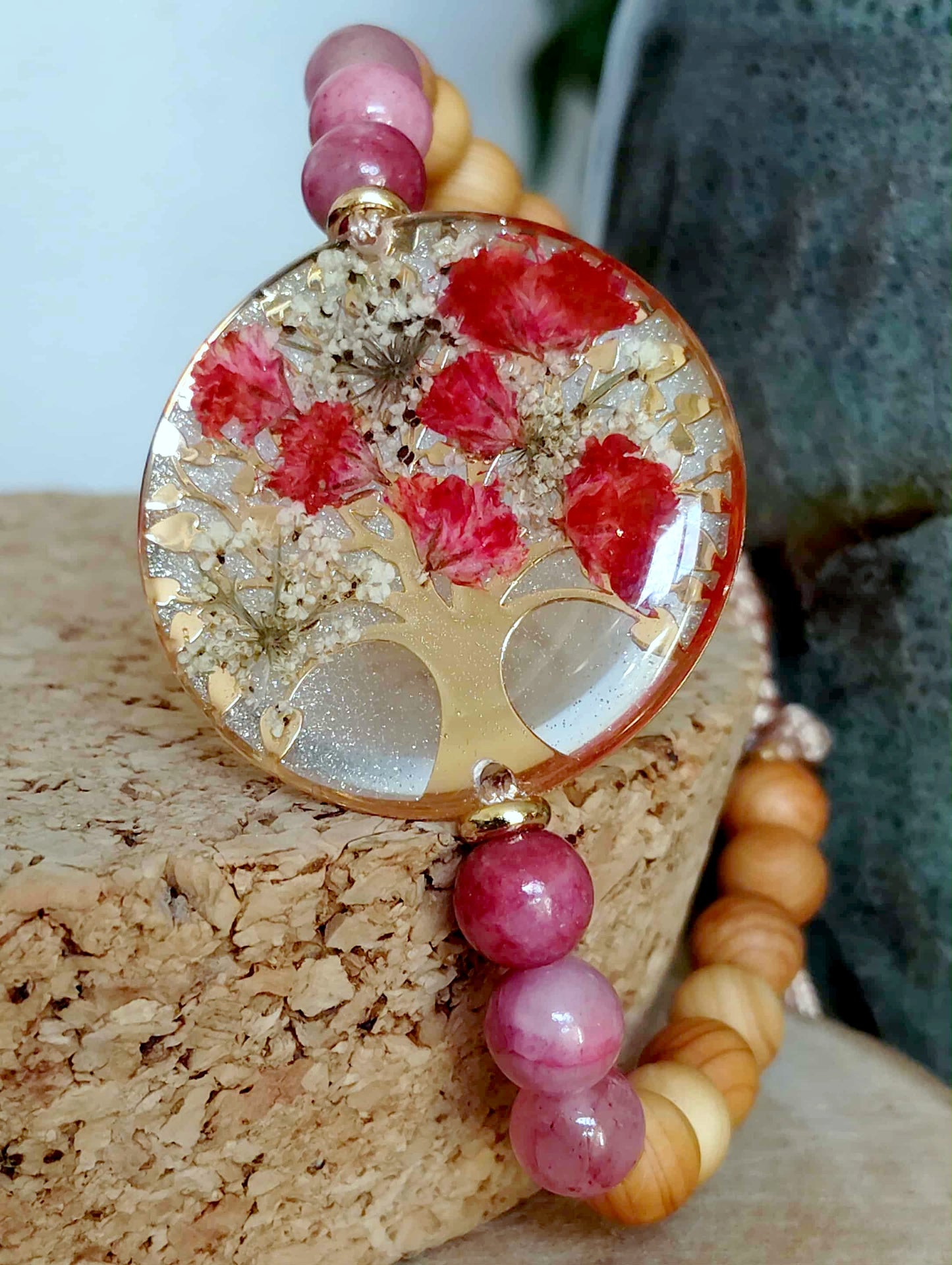 Bracelet, Arbre de vie, gypsophile, Jade