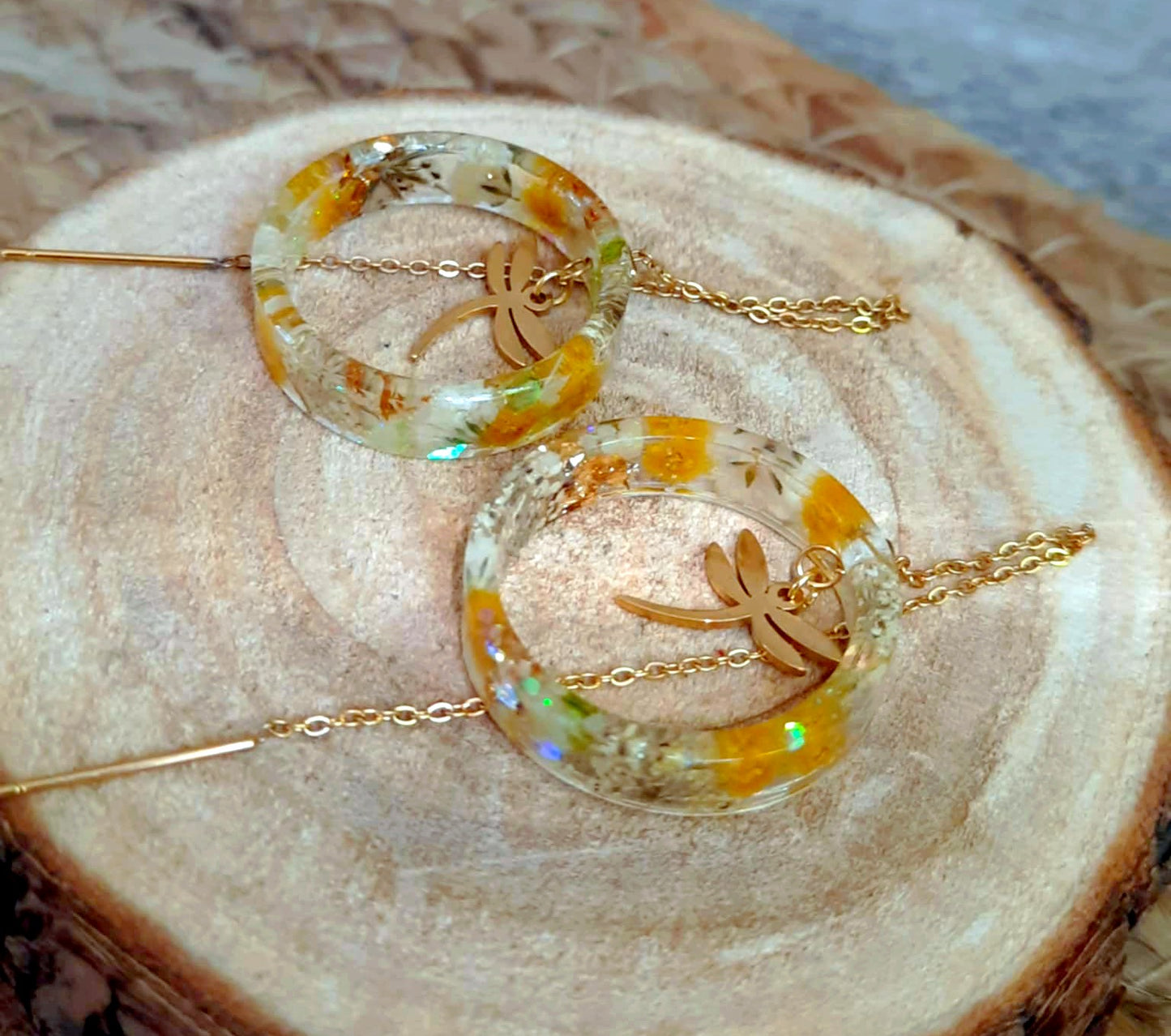 Boucles d'oreille, Mimosa, Gypsophiles