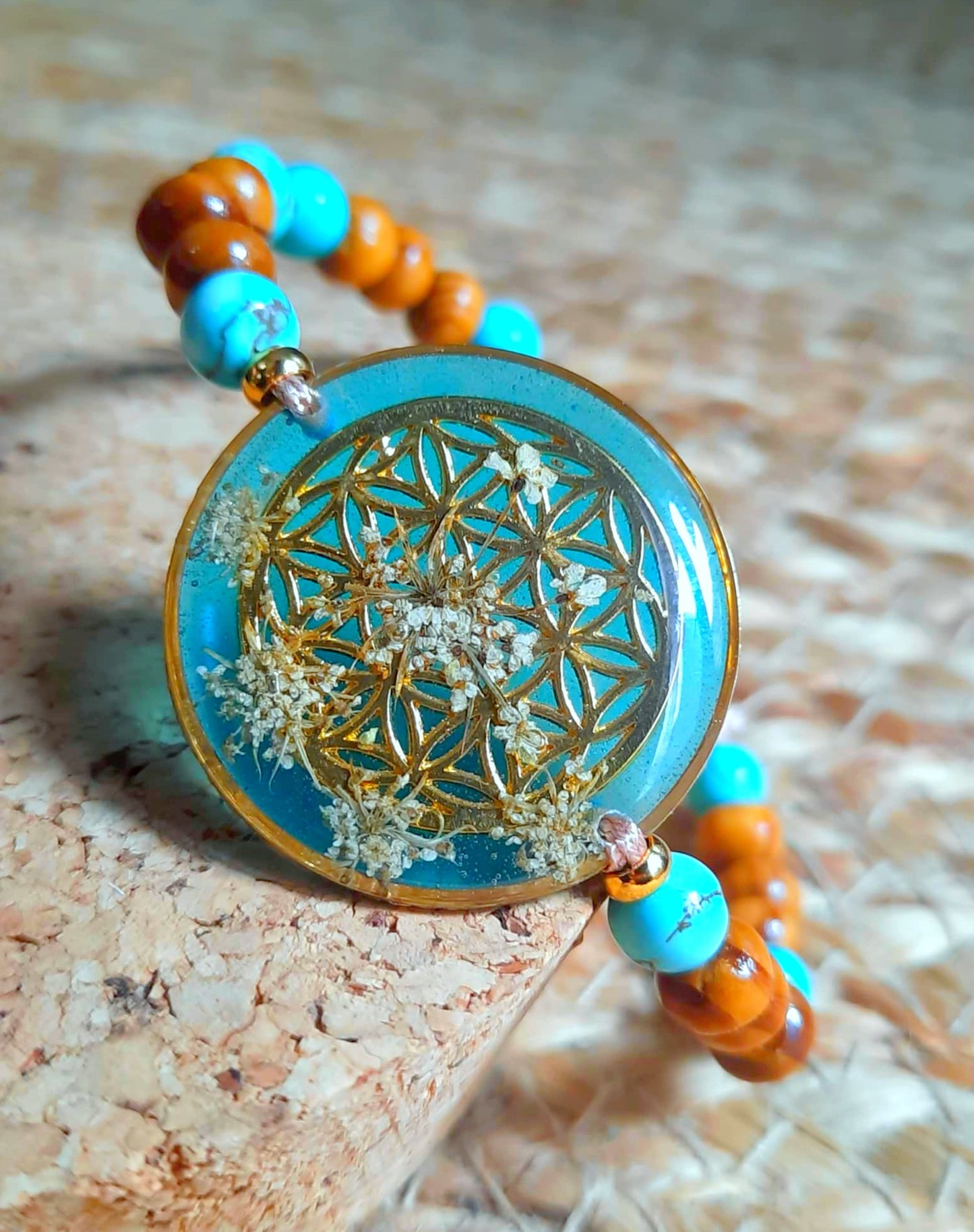 Bracelet, Fleur de vie, Fleur de carotte, Turquoise