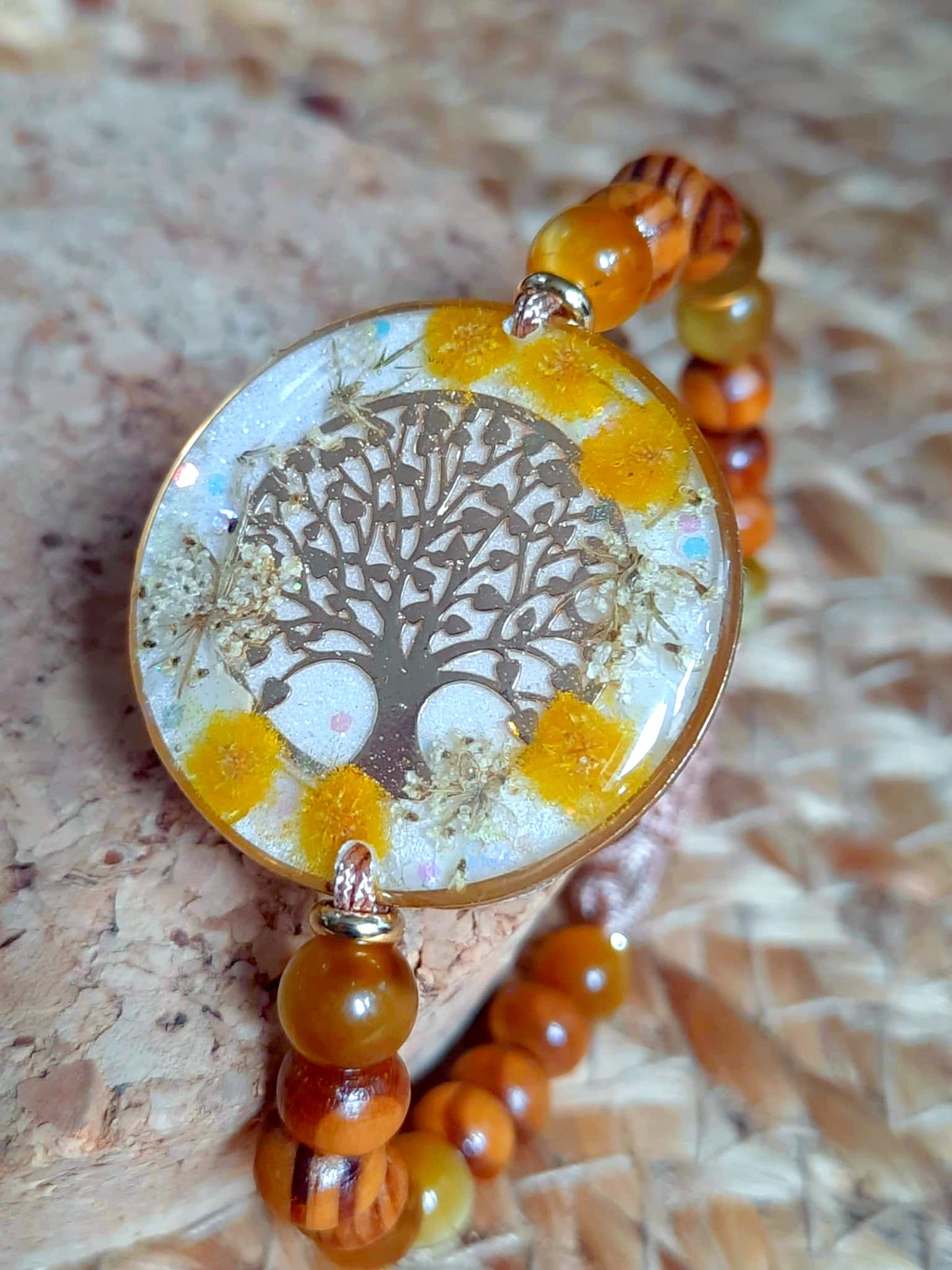 Bracelet , Fleur de carotte, Mimosa, Œil de tigre
