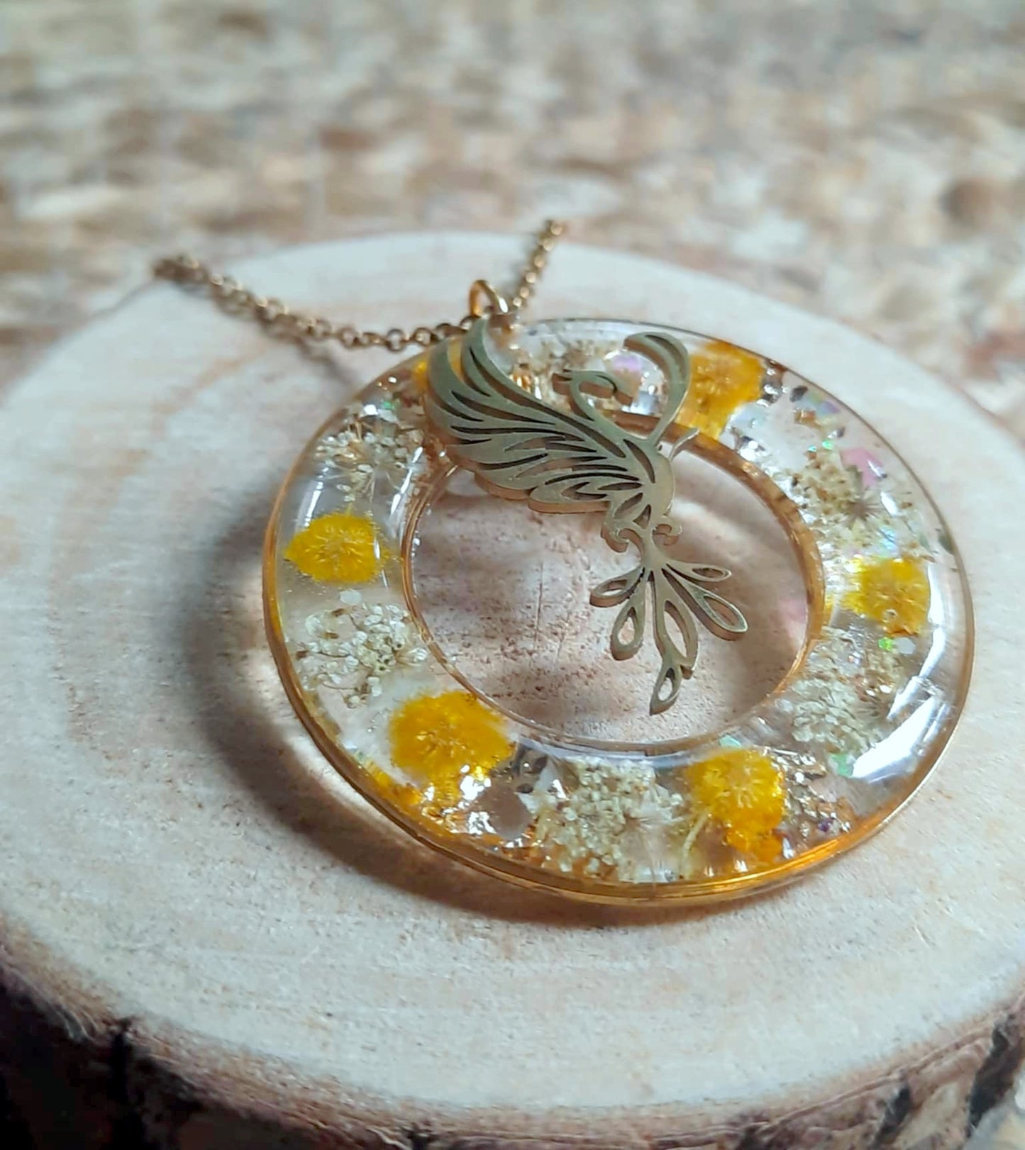 Collier, Phoenix, Fleur de carotte et mimosa