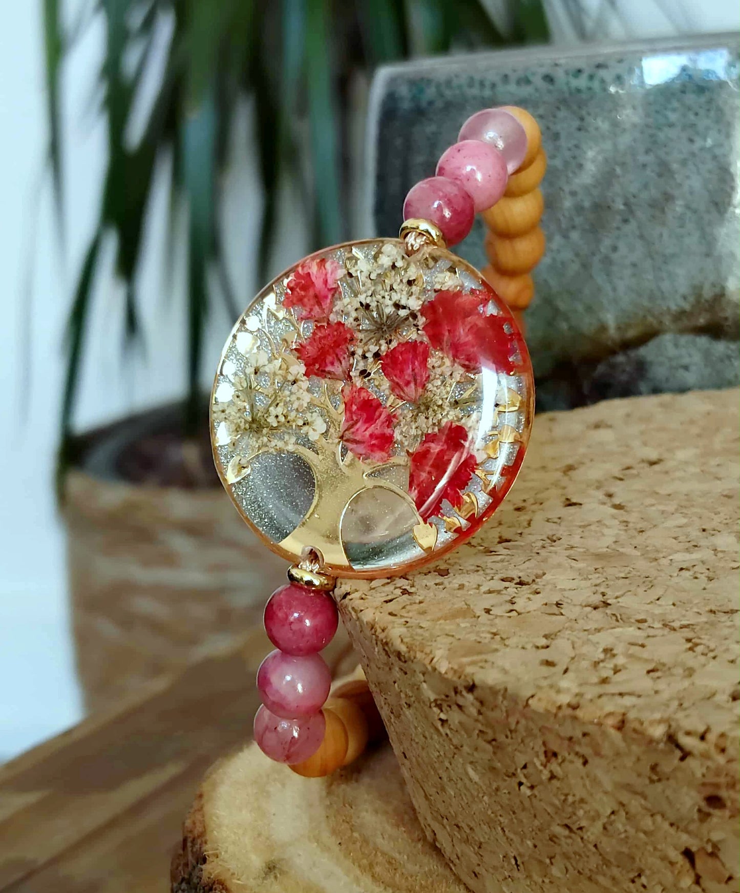 Bracelet, Arbre de vie, gypsophile, Jade