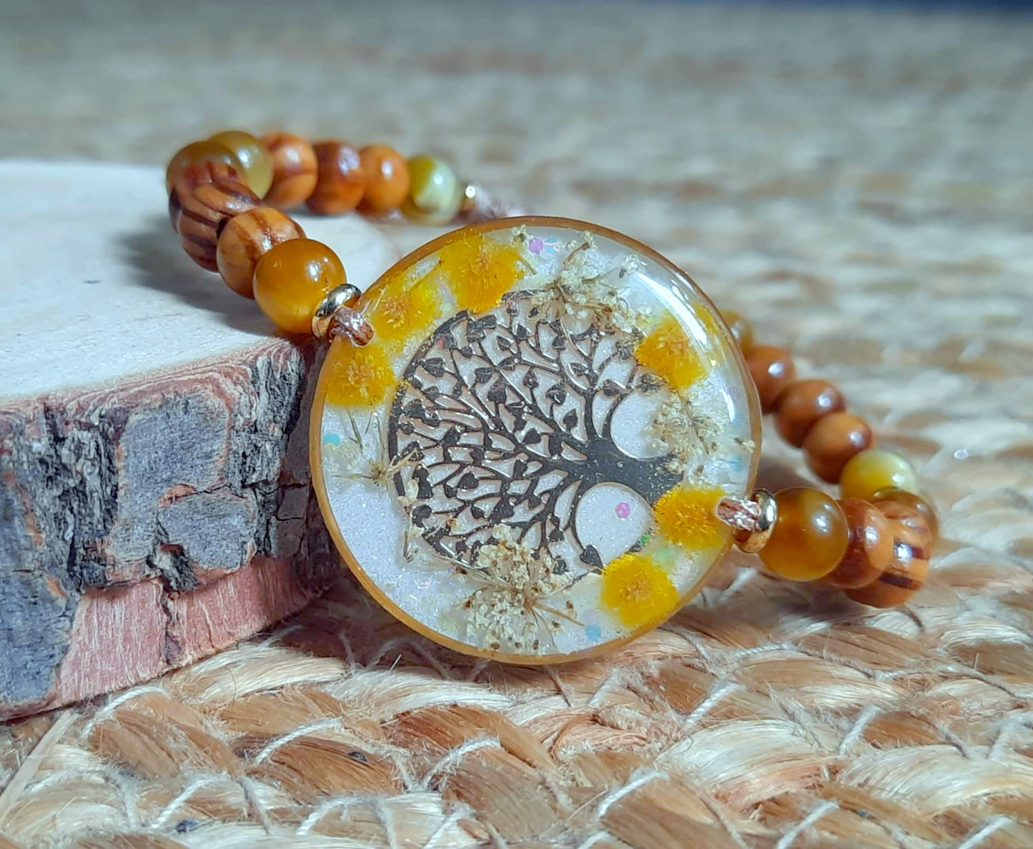 Bracelet , Fleur de carotte, Mimosa, Œil de tigre