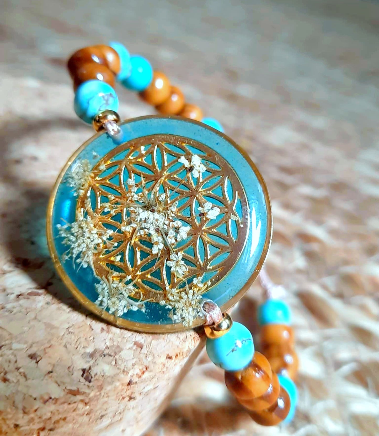 Bracelet, Fleur de vie, Fleur de carotte, Turquoise