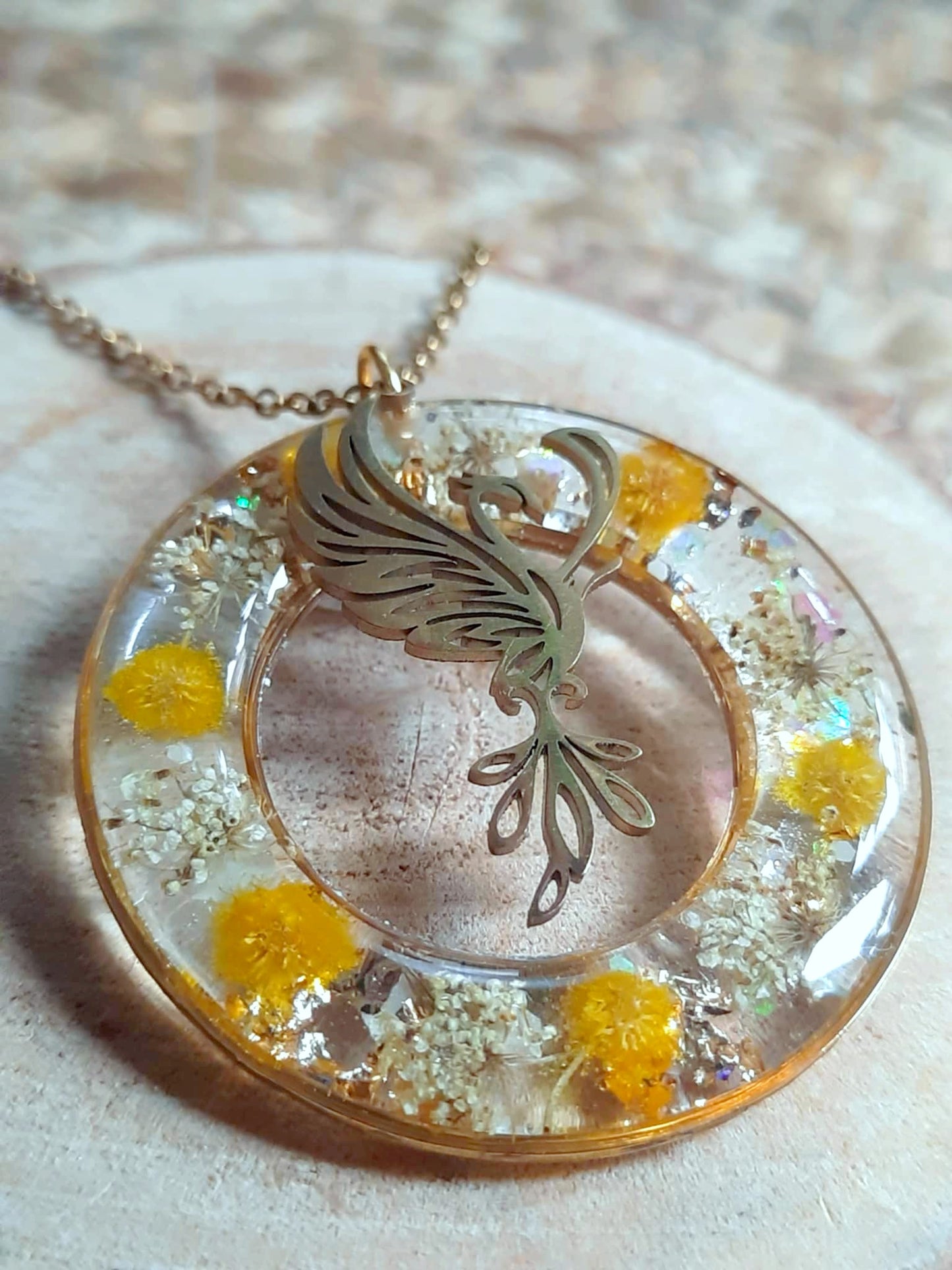 Collier, Phoenix, Fleur de carotte et mimosa