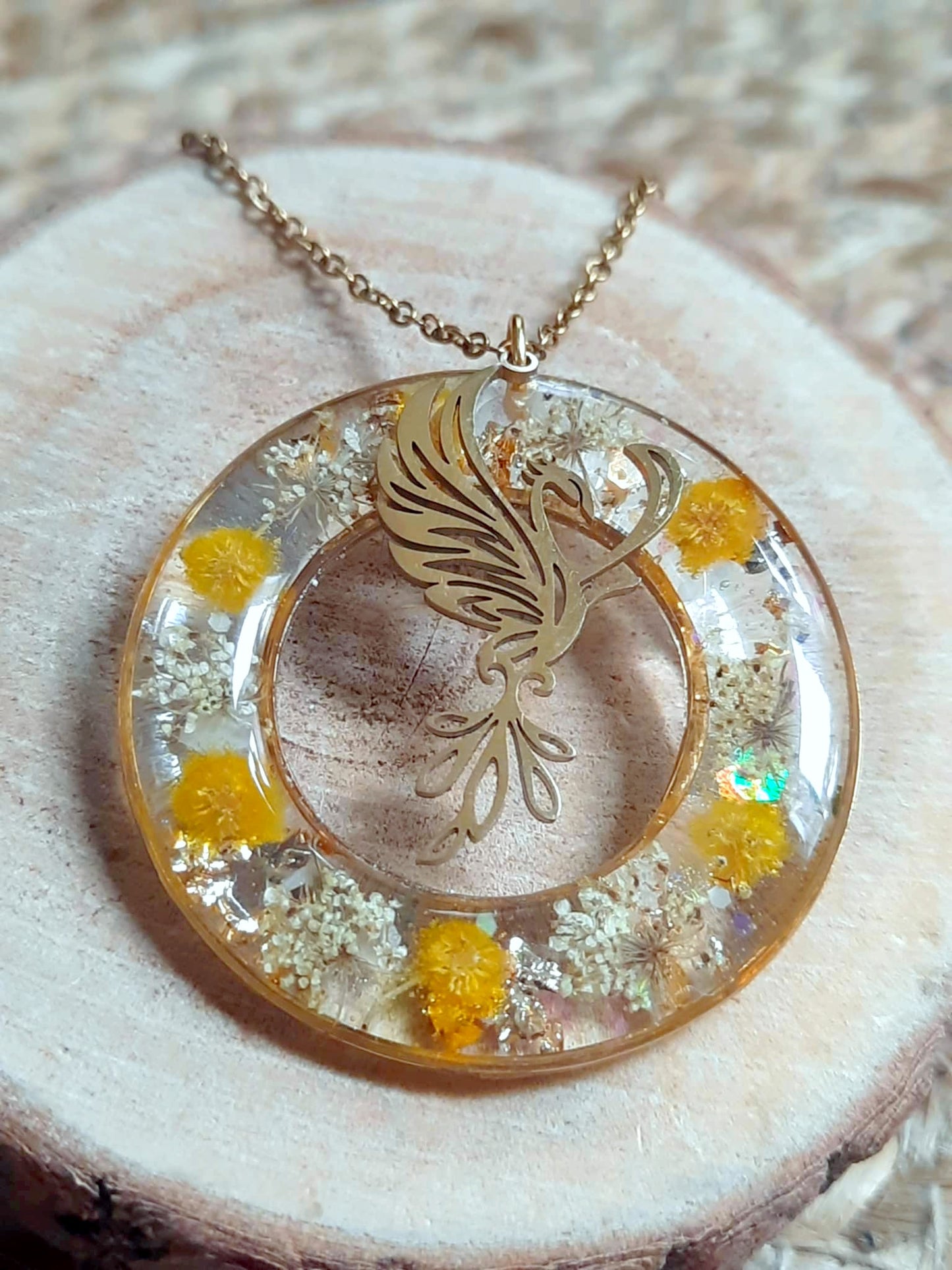 Collier, Phoenix, Fleur de carotte et mimosa