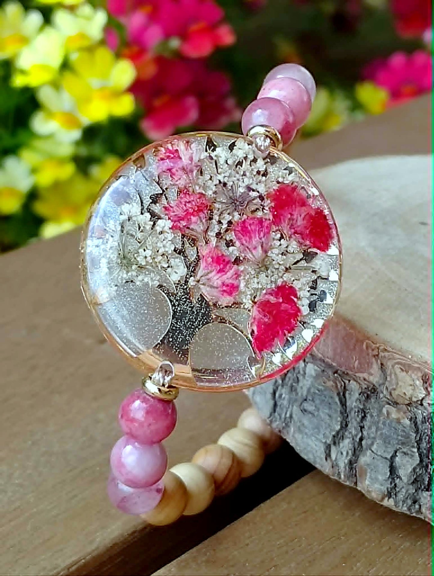 Bracelet, Arbre de vie, gypsophile, Jade