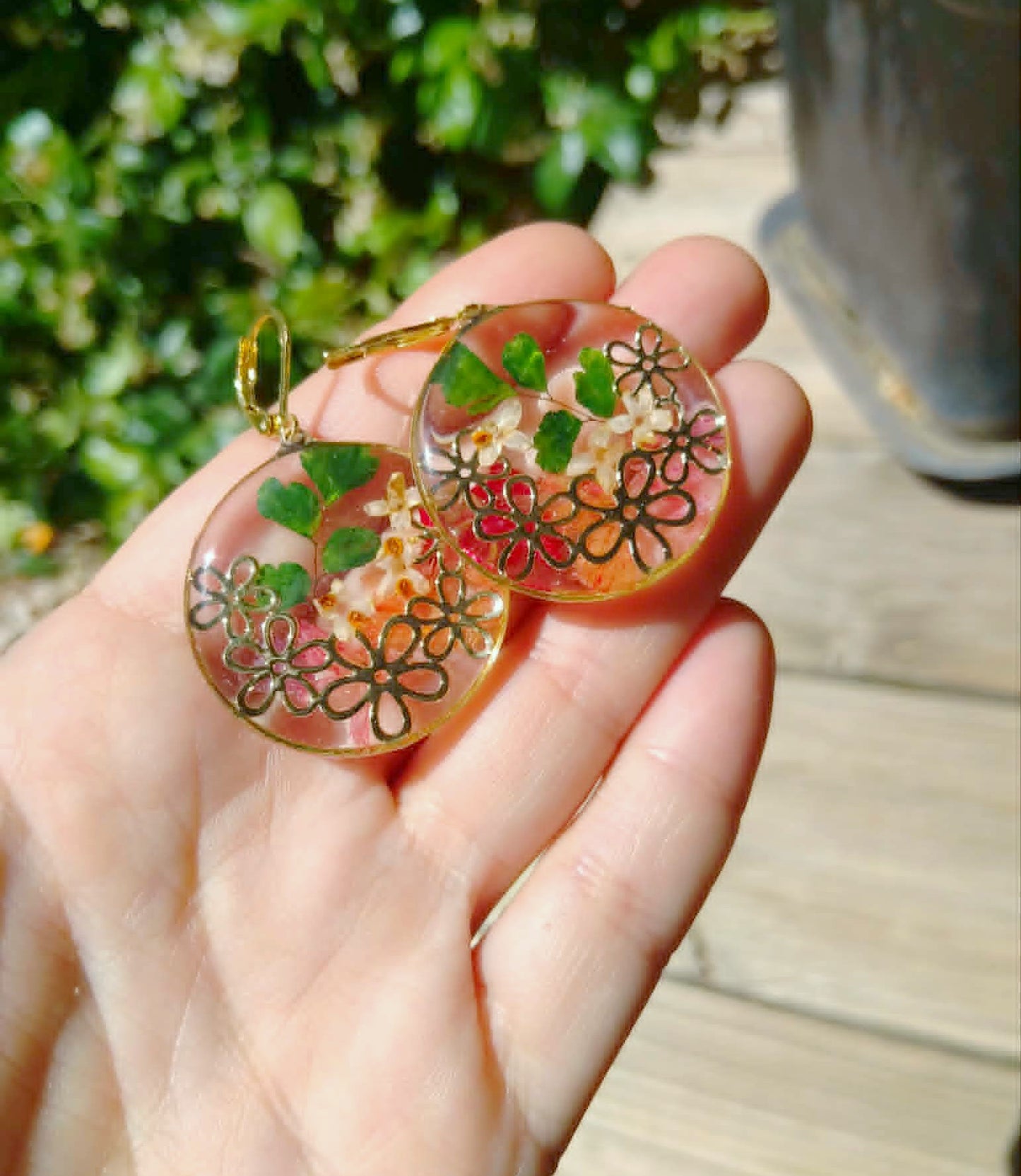 Boucles d'oreille Fleurs d'olivier Statices et Fougère