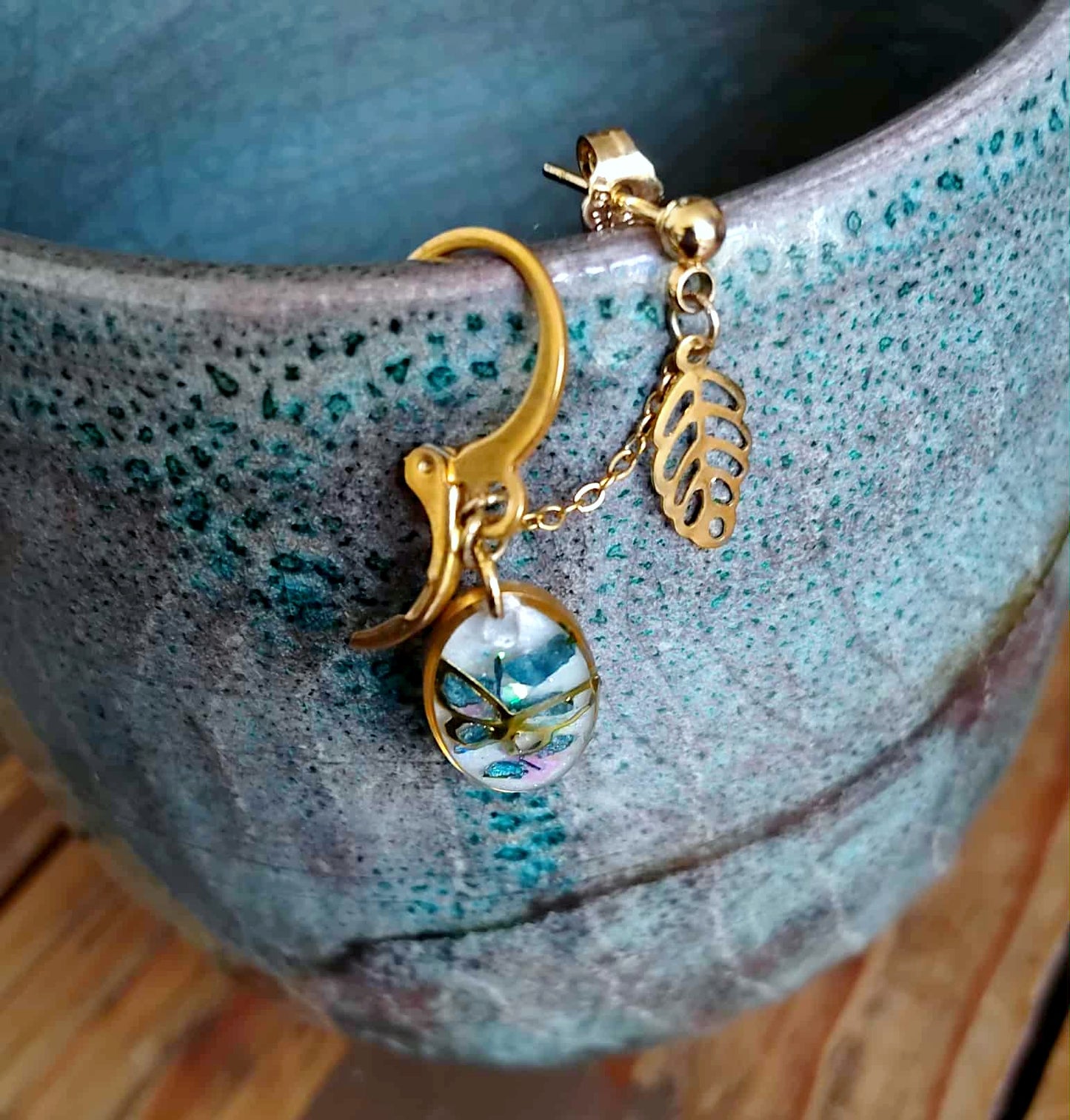 Boucles d'oreille, double piercing , Fougère