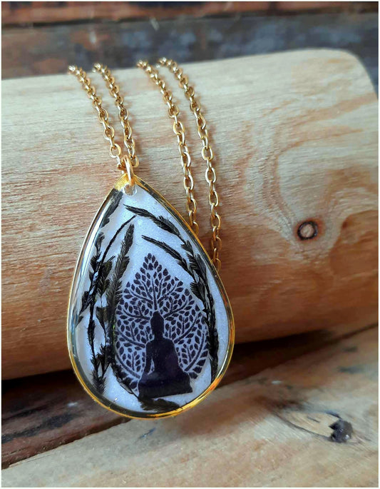 Collier Bouddha arbre de vie, Plume de Paon