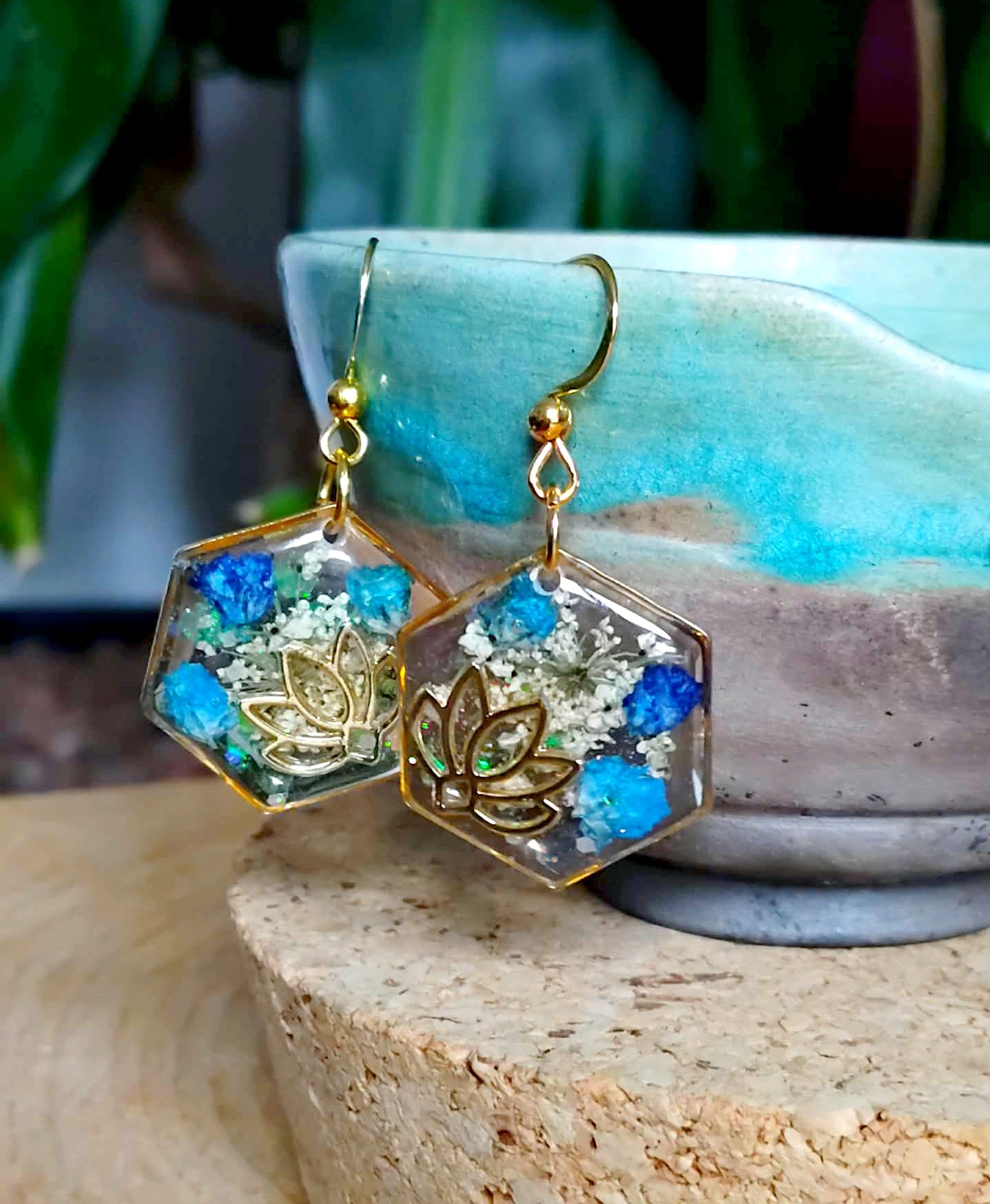 Boucles d'oreille Lotus Fleur de carotte Gypsophiles