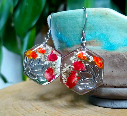 Boucles d'oreille Lotus Fleur de carotte Gypsophiles