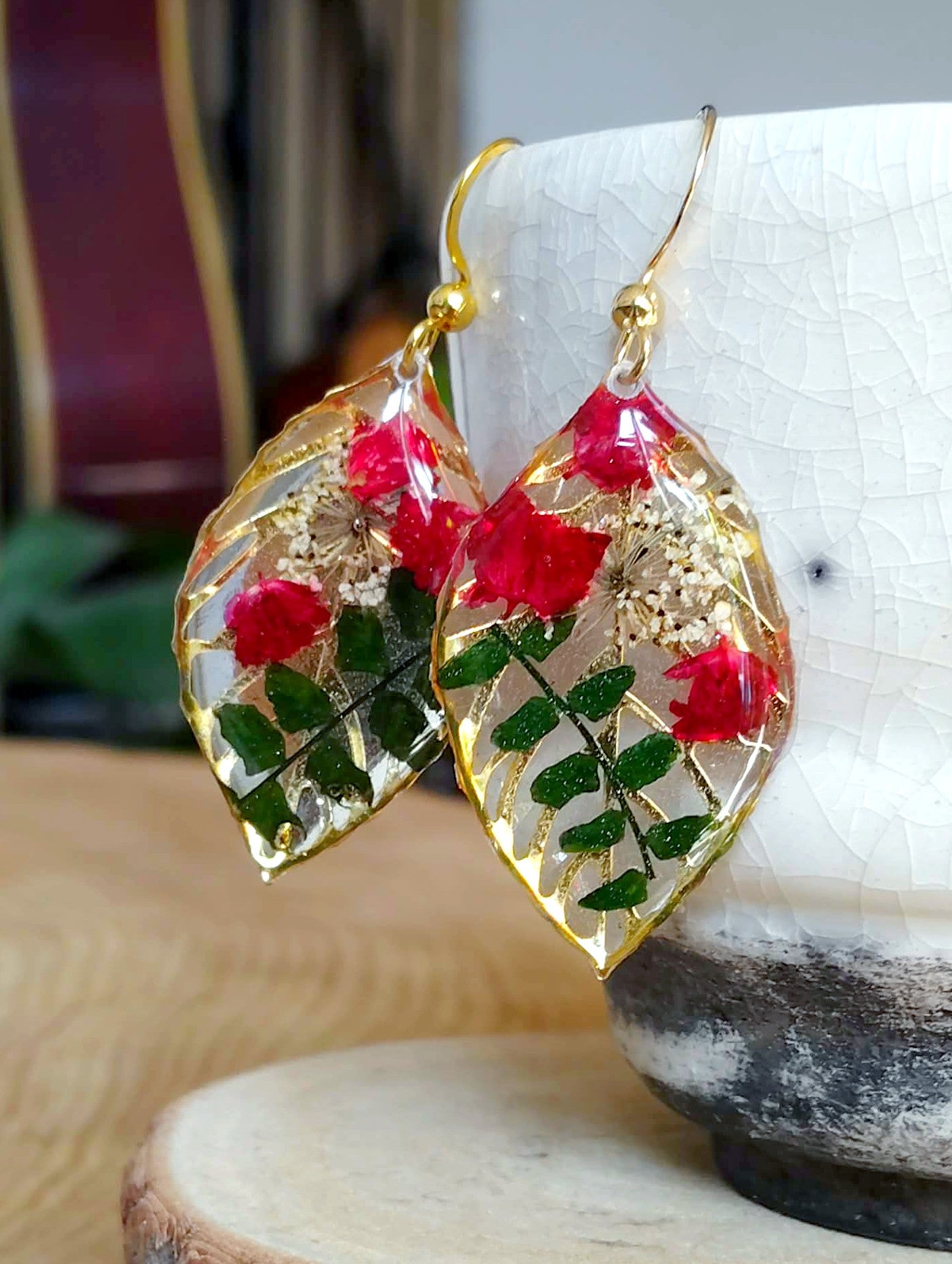 Boucles d'oreille Gypsophiles Fleur de carotte Fougère