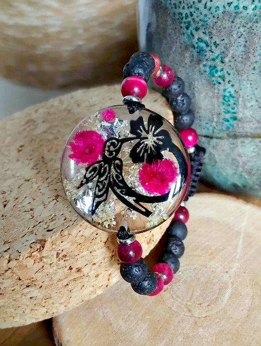 Bracelet Colibri Fleur de carotte Gypsophile Oeil de tigre