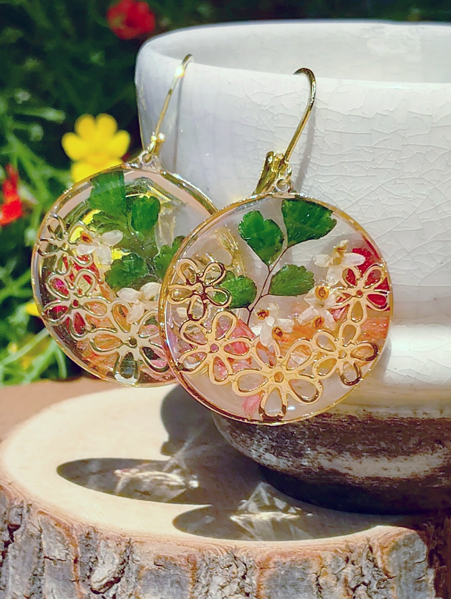 Boucles d'oreille Fleurs d'olivier Statices et Fougère