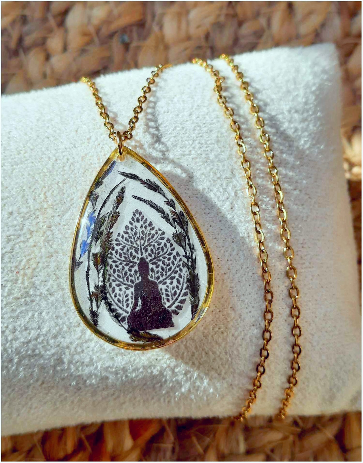 Collier Bouddha arbre de vie, Plume de Paon