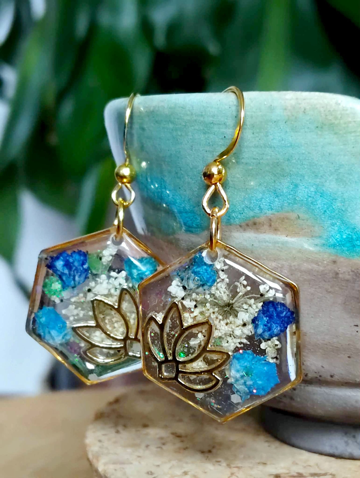 Boucles d'oreille Lotus Fleur de carotte Gypsophiles