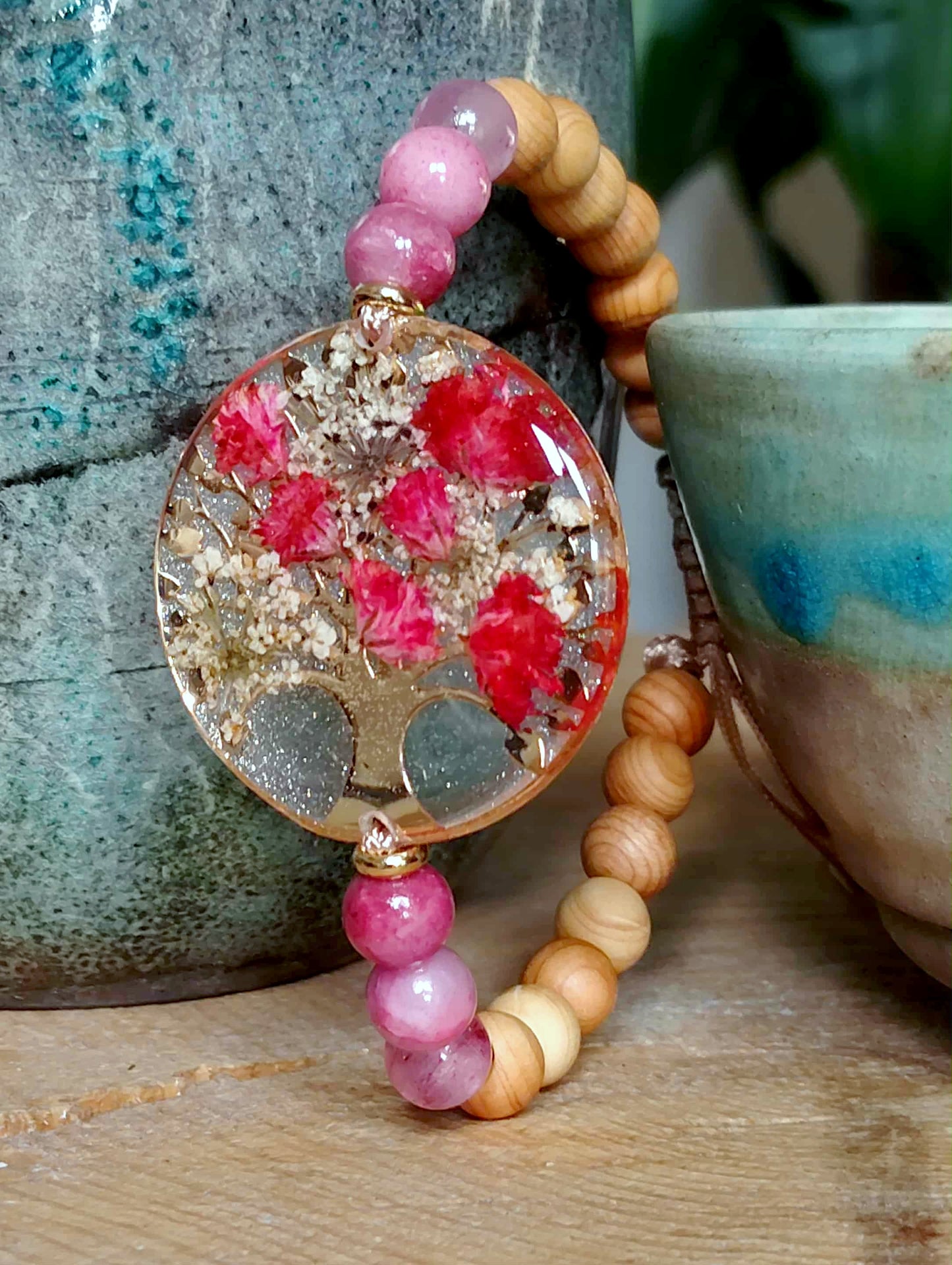 Bracelet, Arbre de vie, gypsophile, Jade