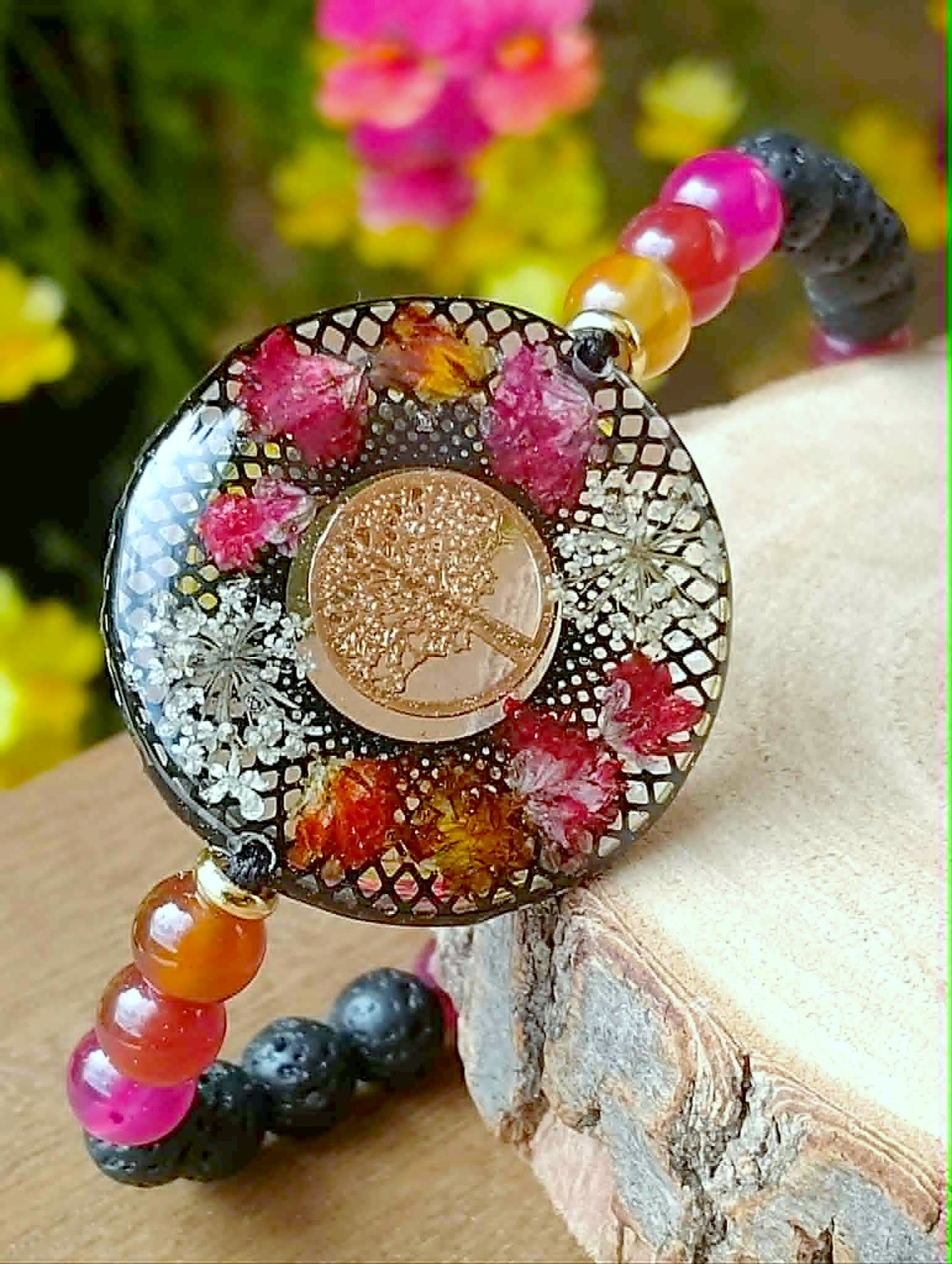Bracelet  Gypsophiles Fleur de carotte Lave Agate