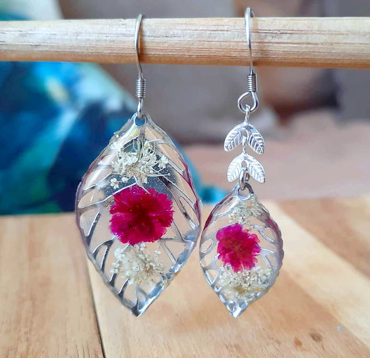 Boucles d'oreille Asymétrique, Fleur de carotte et Gypsophile