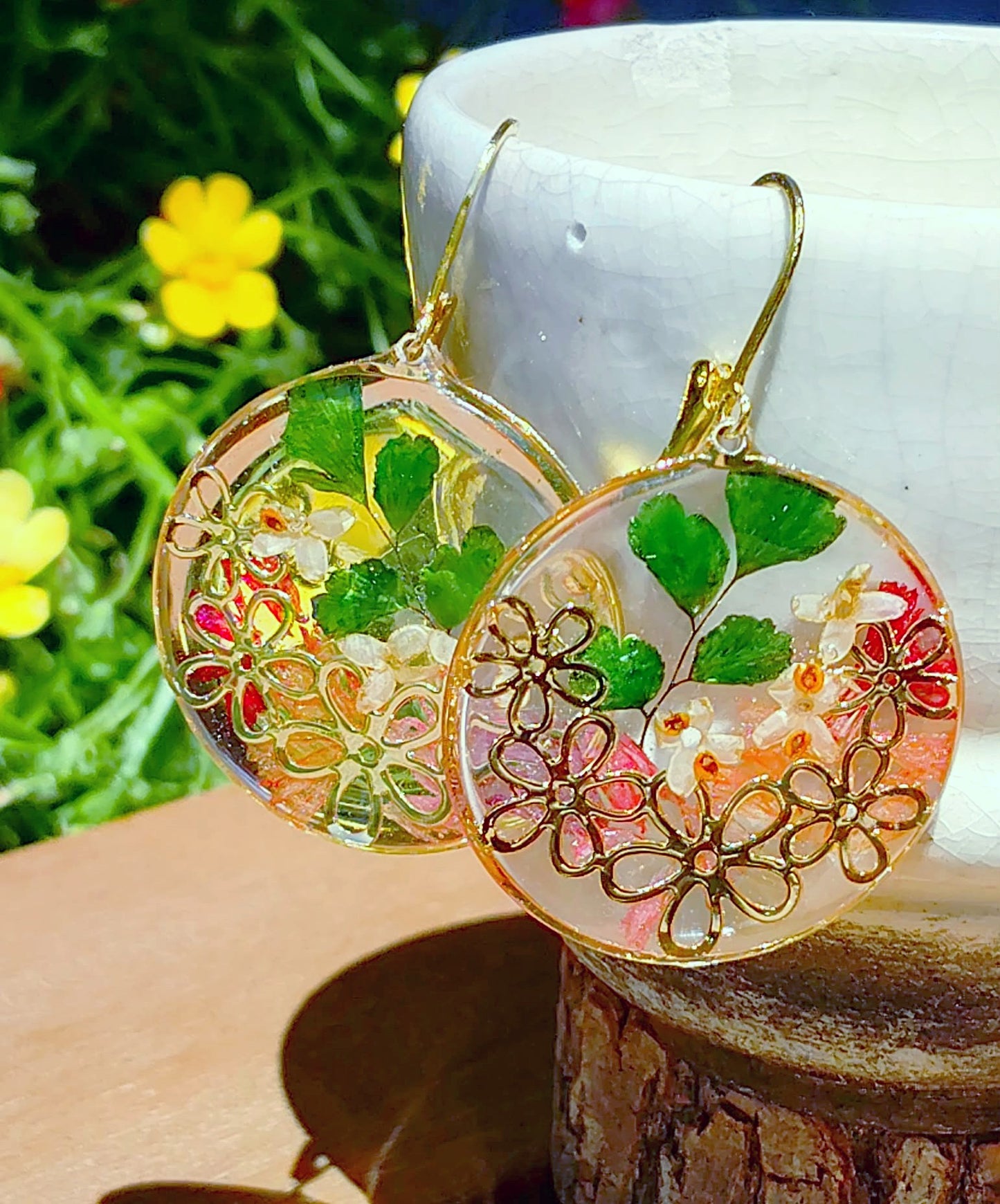 Boucles d'oreille Fleurs d'olivier Statices et Fougère