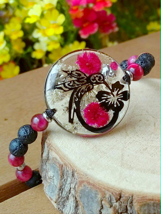 Bracelet Colibri Fleur de carotte Gypsophile Oeil de tigre